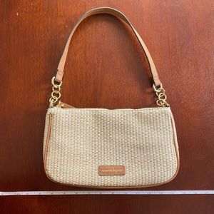 Nanette Lepore small purse handbag spring bag straw beige tan camel neutral gold